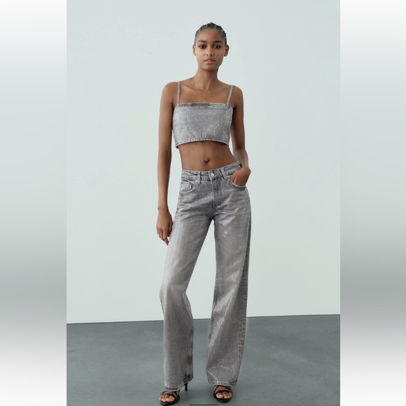BNWT Zara Sequin Foil Top and Jean Set edit* the top has sold - Picture 1 of 7